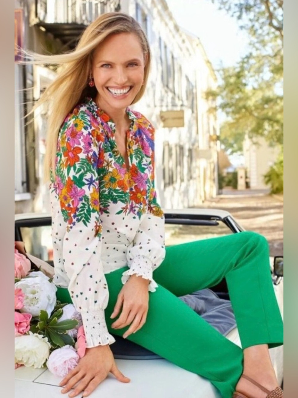 Talbots Blissful floral smocked cuff long sleeve blouse top